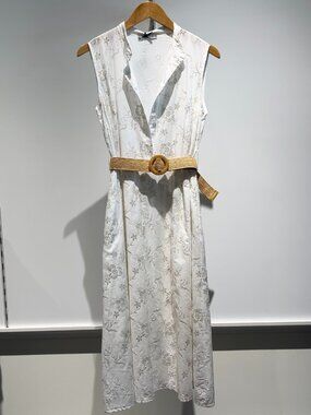 White w Gold Accented Embroidered Dress